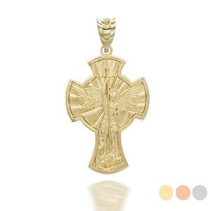 10K Solid Gold St. Saint Michael Medallion Cross Pendant - Yellow, Rose, white